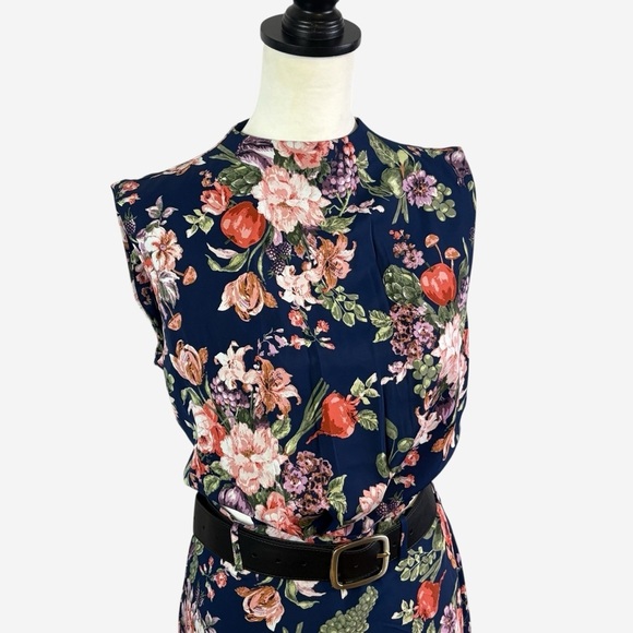 Abercrombie & Fitch Floral Maxi Dress High Neck Cut Out Waist Belted Navy Size S - Picture 2 of 16